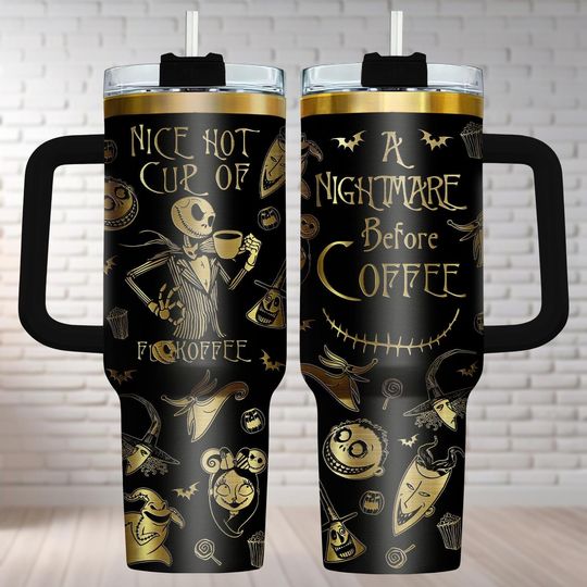 Funny Jack Skellington Tumblers 40 oz With Handle, Nightmare Before Christmas Tumbler, Disney Movie Coffee Cup, Halloween Tumblers Gifts
