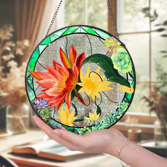 PKM Glass Suncatcher Tropical Garden Window Art Gift for Collectors Home Decor