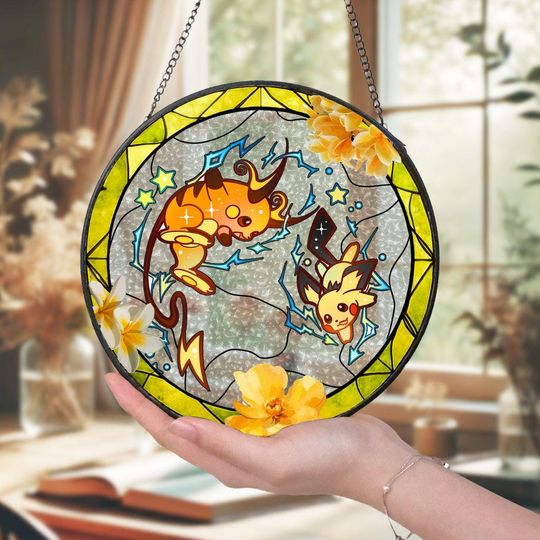 PKM Glass Suncatcher Electric-Inspired Pika Evolution Window Art Gift for Collectors