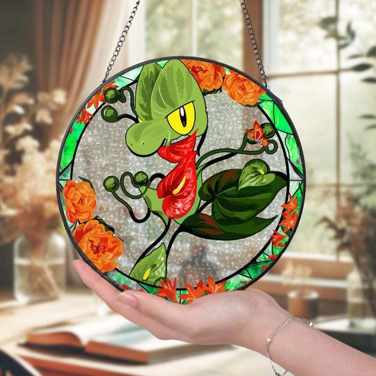 PKM Glass Suncatcher Tropical Foliage Treecko Window Art Gift for Collectors