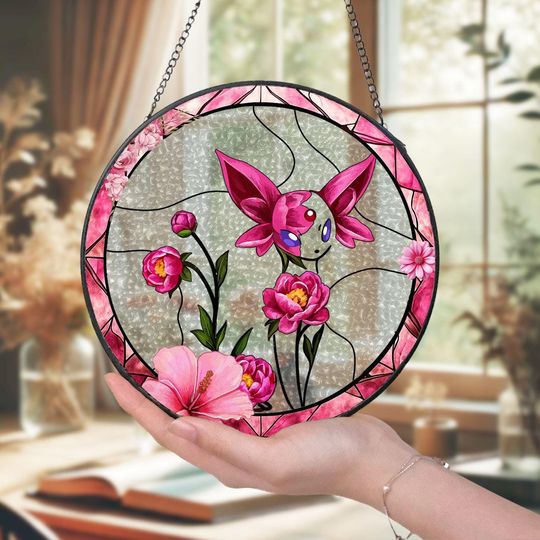Espeon Glass Suncatcher Peony Blossom-Inspired PKM Window Art Perfect Gift for Collectors