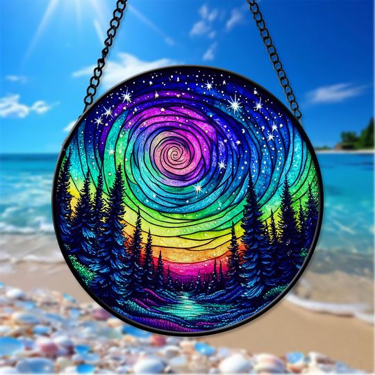 Northern Lights Aurora Stained Glass Suncatcher Window Hanging Holiday Gift for Nature Lovers