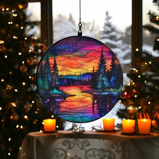 Voyageurs Stained Glass Suncatcher Northern Lights Minnesota Window Hanging National Parks Gift