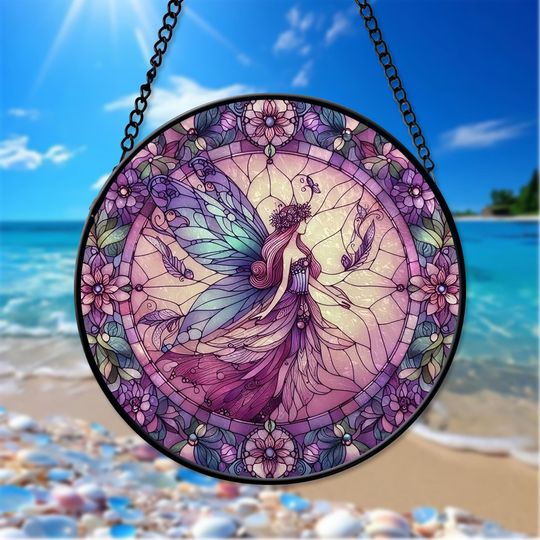Butterfly Fairy Stained Glass Suncatcher Purple Flower Window Hanging Gift for Mom Daughter