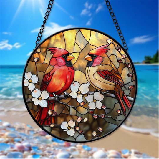 Red Cardinal Suncatcher, Bird Glass Art for Window Hanging