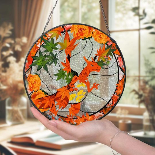Fire Dragon PKM Suncatcher, Autumn Leaf Window Art