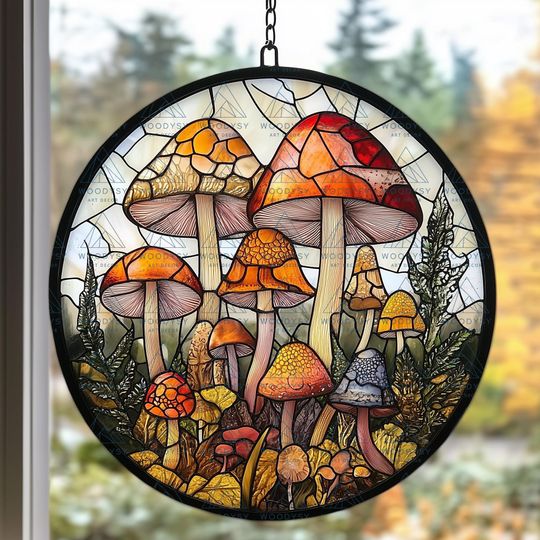 Faux Mushroom Stained Glass Suncatcher, Mushroom Garden Decor Gift