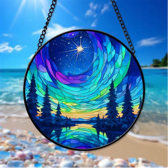Aurora Borealis Stained Glass Suncatcher, Forest Northern Lights Decor