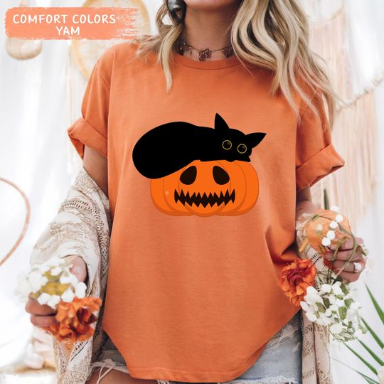 Vintage Black Cat On Pumpkin Sweatshirt, Halloween Black Cat T-shirt