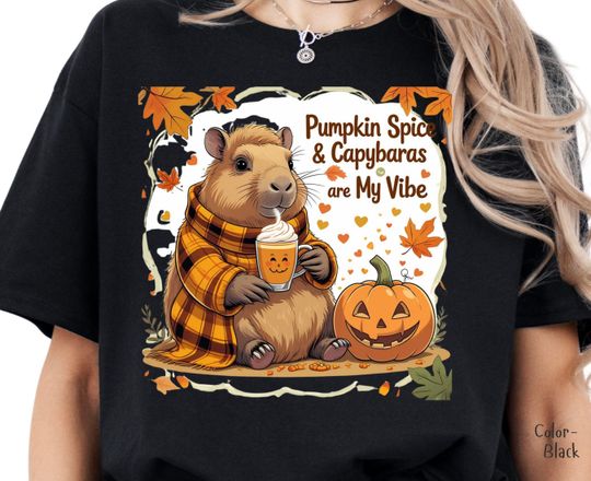Halloween Capybara and Pumpkin spice T-Shirt, Cute Animal Tee, Gift for spooky season