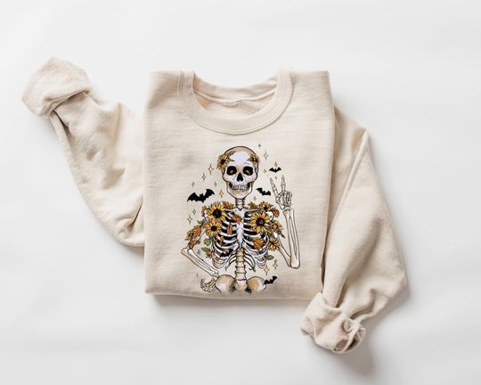 Retro Fall Skeleton Sweatshirt, Creepy Skeleton Skull Shirt