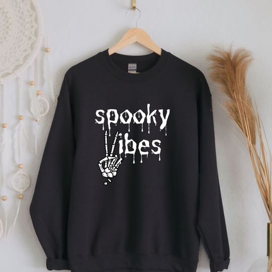 Spooky Vibes Sweatshirt, Plus Size Fall Apparel, Skeleton Peace Sign