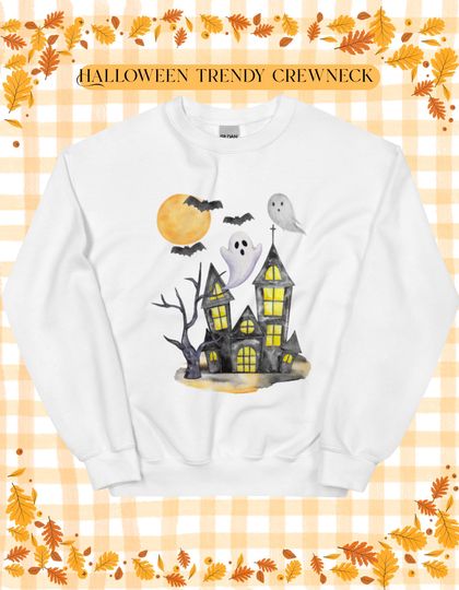 Cute haunted house halloween October crewneck