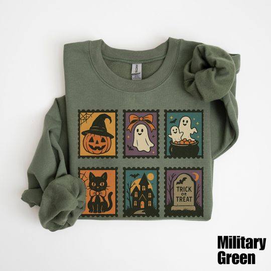Vintage Halloween Sweatshirt, Retro Ghost, Cat, Pumpkin, Haunted House
