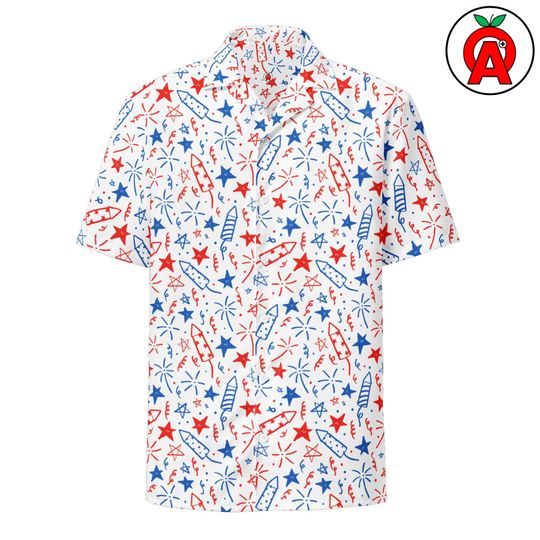 Red White Blue Fireworks Hawaiian Shirt, Adult Unisex All-Over Button Up Shirt, Patriotic USA Shirt, July 4th Outfit, Independence Day Up