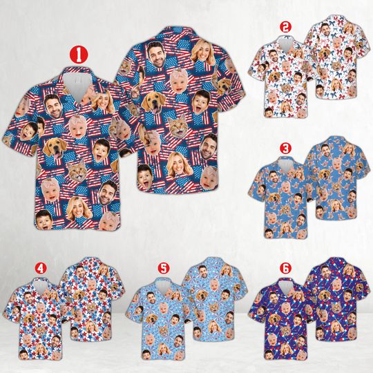 4th Of July Custom Face Hawaiian Shirt, Personalized Independence Day Button Up, Funny Pet And Baby Face Shirt, Matching Family Beach Outfit