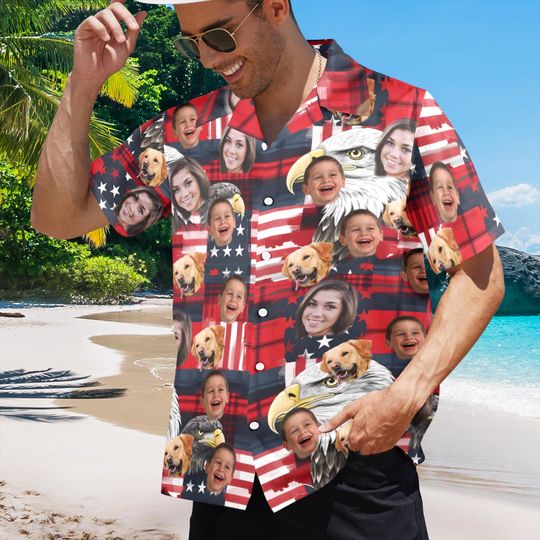 Custom Hawaiian Shirt With Face, Personalized Men Hawaiian Button Shirt, 4th of July, Independence Day, Father's Day Gift, Men Women