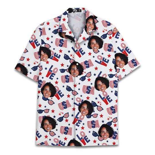 Custom Face Independence Day USA Flag Hawaiian Shirt Personalized Photos Button Down Shirt Mens Hawaiian Shirts Gift For Friend