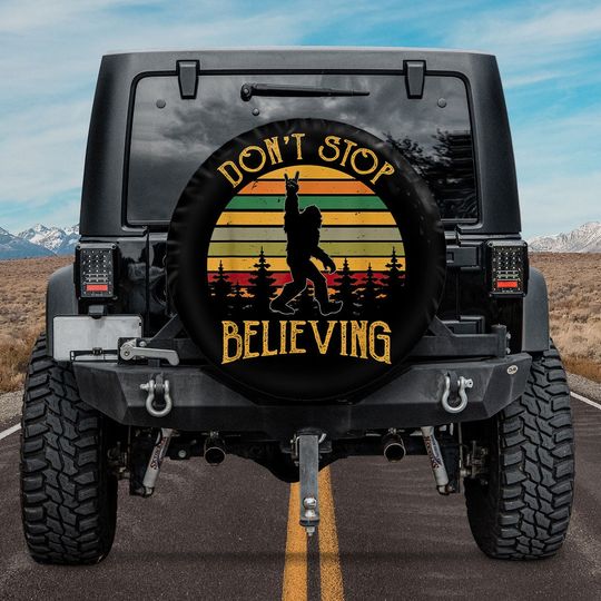 Bigfoot Tire Cover, Don't Stop Believing Spare Tire Cover, Sasquatch Peace Sign Tire Cover, Camper Hiker Gifts