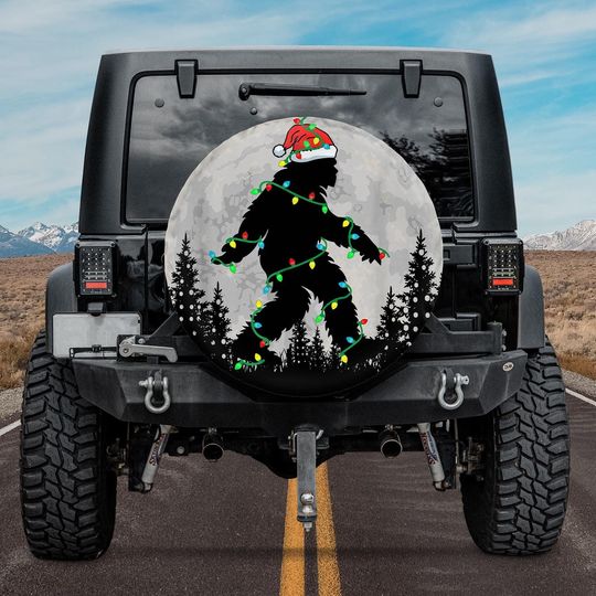 Bigfoot Santa Christmas Tree Lights Spare Tire Cover, Funny Xmas Sasquatch Squatching Spare Tire Cover, Forrest Moon Night Spare Tire Cover