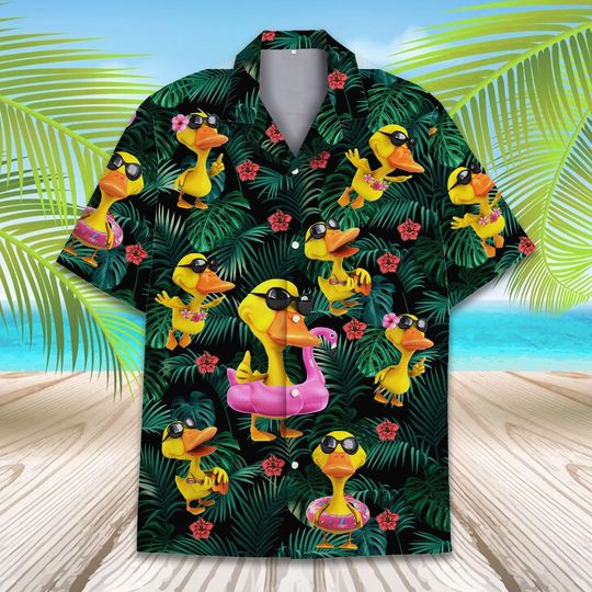 Tropical Duck Hawaiian Shirt For Men Women Youth, Rubber Duck Aloha Short Sleeve Button-Up, Summer Beachwear, Gift for Animal Lovers