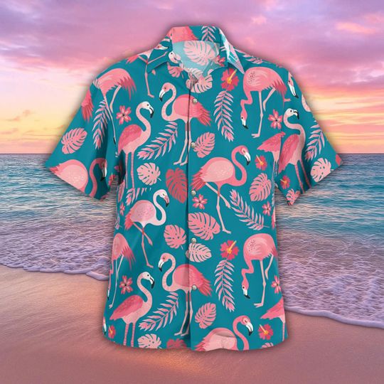 Flamingo Tropical Hawaiian Shirt, Flamingo Palm Leaf Print Shirt, Summer Beach Outfit, Bird Short Sleeve Shirt, Aloha Shirt Men Women