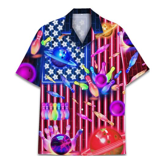 Neon American Flag Bowling Hawaiian Shirt For Men Patriotic Independence Day Mens Hawaiian Shirts Short Sleeve Button Down