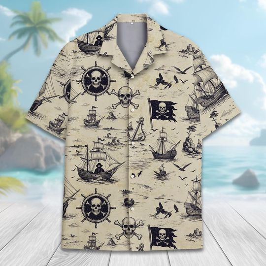 Vintage Pirate Skull Hawaiian Shirt For Men Women Youth, Pirate Shirt Men Button Up Shirts, Sea Animal Beach Short Sleeves Shirt