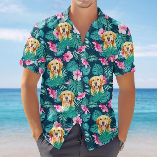 Golden Retriever Tropical Button Shirt, Cute Dog And Hibiscus Hawaiian Shirt, Funny Pet Lover Summer Shirt, Vacation Shirt, Funny Gift