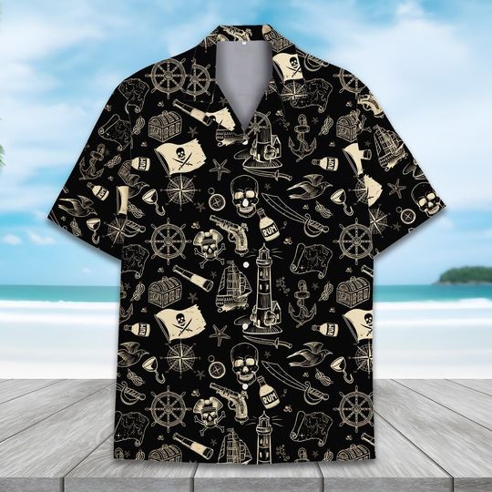 Vintage Pirate Skull Hawaiian Shirt For Men Women Youth, Pirate Shirt Men Button Up Shirts, Nautical Beach Short Sleeves Shirt