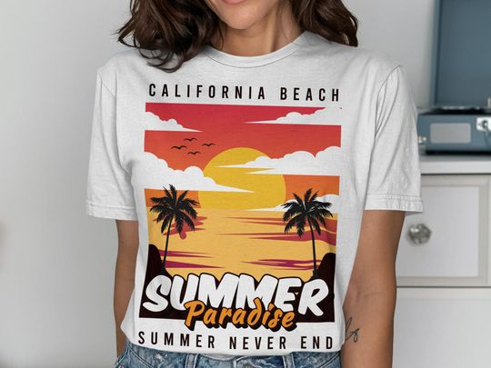 California Beach T-Shirt, Summer Paradise, Sunset Palm Trees