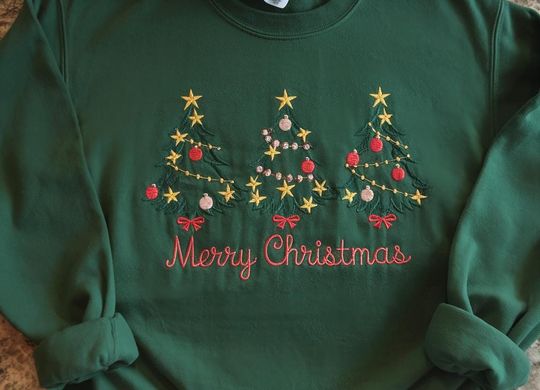 Merry Christmas Embroidered Sweatshirt, Holiday Pine Tree Sweater, Christmas Tree Sweatshirt, Santa Gift Sweater