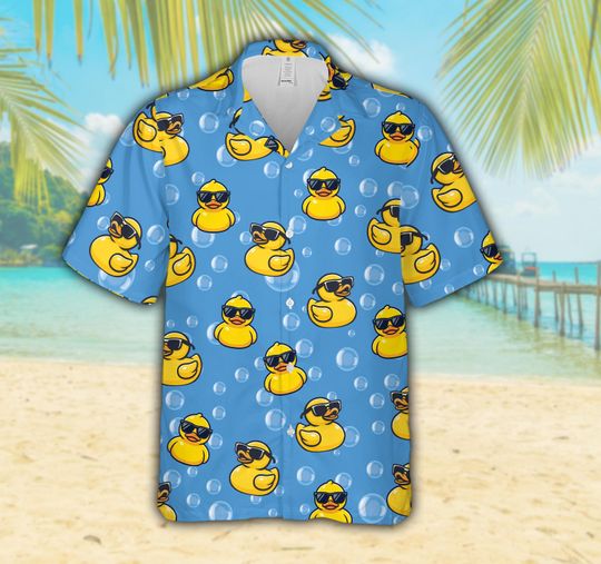 Cool Rubber Duck Bubble Hawaiian Shirt For Men & Women, Fun Duck With Sunglasses Button Up Shirt, Tropical Beach Aloha Shirt For Duck Lover