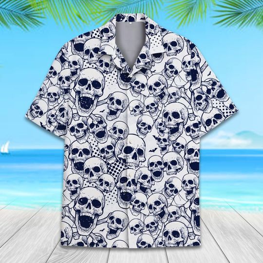 Vintage Skull Hawaiian Shirt Men Women Youth, Seamless Skull Aloha Shirt, Short Sleeve Button Down Summer Shirt, Retro Gothic Beachwear