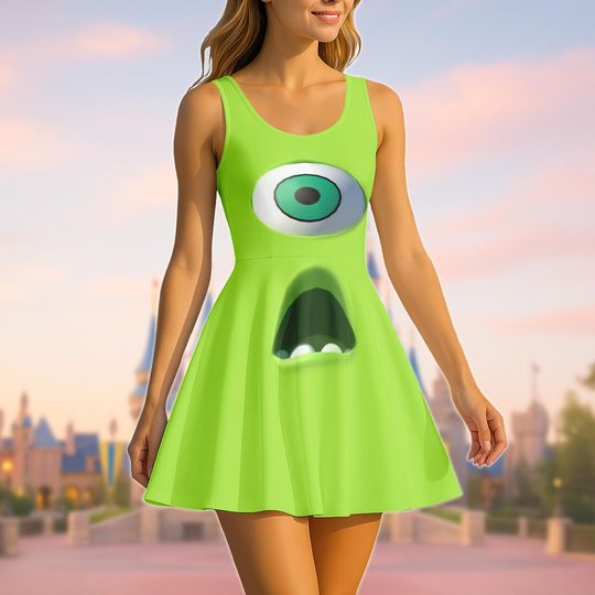 Mike Wazowski Costume Skater Dress, Monsters Inc Cosplay Outfit, Green Monster Dress For Disneyland Trip, Cute Halloween