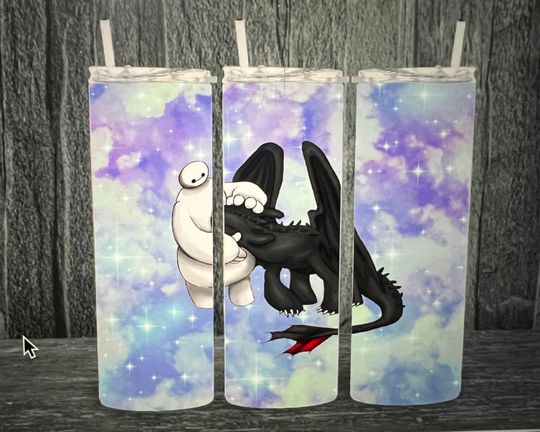Baymax, Toothless Galaxy travel mug.  Disney Characters stainless steel tumbler hot, cold for the coffee lover with leakproof lid, straw.