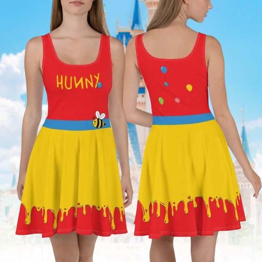 Disney Pooh Bear 3D Costume Skater Dress, Winnie The Pooh Cosplay Fit Flare Dress, Disney World Character Dress For Kids And Adult