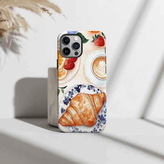 Parisian Spring Brunch Phone Case, Croissant and Latte Breakfast