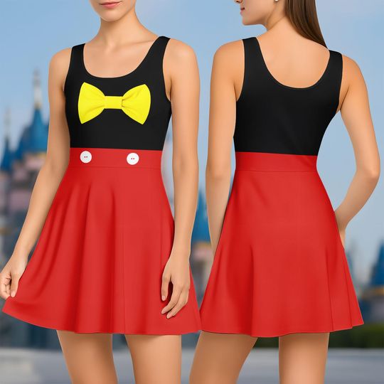 Womens Disney Mickey Dress, Mickey Mouse Costume, Mickey Halloween Cosplay Costume, Disney Trip Skater Dress For Women, Disneyland Outf