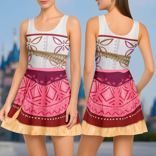 Halloween Moana 2 Costume Skater Dress, Cosplay Moana Character Dresses, Disney Cosplay Character Casual Dress For Women