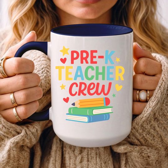 Pre-K Teacher Crew Mug | Colorful Preschool Teacher Coffee Cup | Accent Mug 11oz 15oz | Cute Back to School Gift for Pre-K Teachers