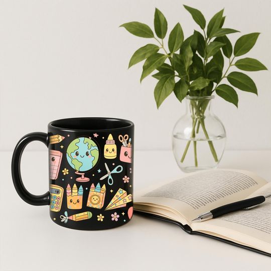 Cute Teacher Mug with Kawaii School Supplies | Back to School Teacher Gift | Fun Classroom Coffee Cup | End of Year Teacher Present