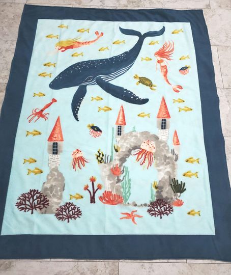 Mermaids in the deep sea with gold fish double layered fleece throw blanket
