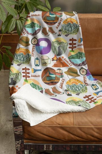 Personalized Campers Blanket, Custom Camping Trips Minky Blanket, Customized Outdoor Activities Sherpa Blankie, Unique Camping Lovers Gift