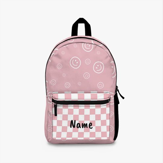 Personalized Pink Smiley Face and Checkered Backpack  Durable and Stylish