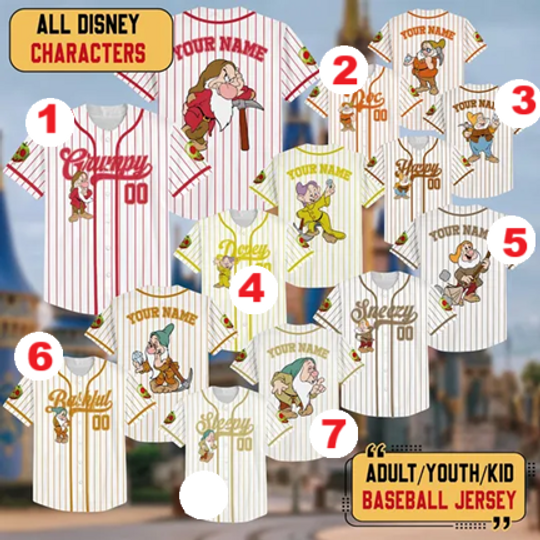 Personalized Disney Seven Dwarfs Baseball Jersey, Snow White Baseball Shirt, Disneyland Halloween Trip Family Costume Matching Tee