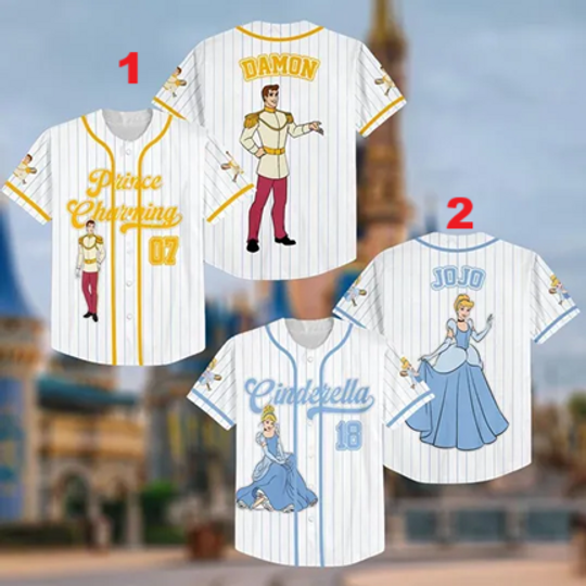 Personalized Prince Charming And Cinde Princess Baseball Jersey, Custom Disney Matching Jersey, Disneyland Couple Honeymoon Trip Shirt