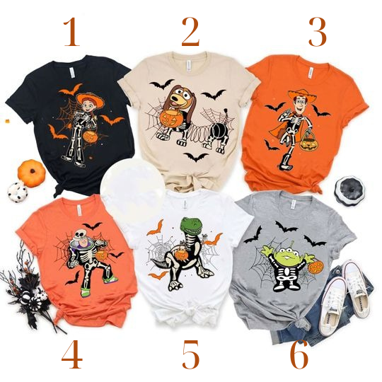 Disney Toy Story Skeleton Pumpkin Halloween T-Shirt Featuring Woody, Buzz Lightyear, and Jessie