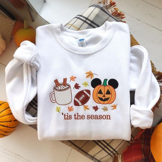 Halloween Tis The Season Mickey Pumpkin Embroidered Sweatshirt, Disney Halloween Crewneck
