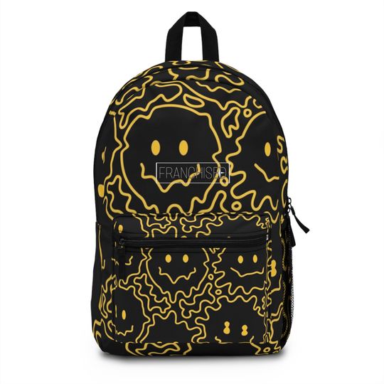 Franchised Smiley Back Pack , Graphic Bags , Smile Designed Backpack , Black Backpacks , Cool Backpacks , Smiley Face Backpack